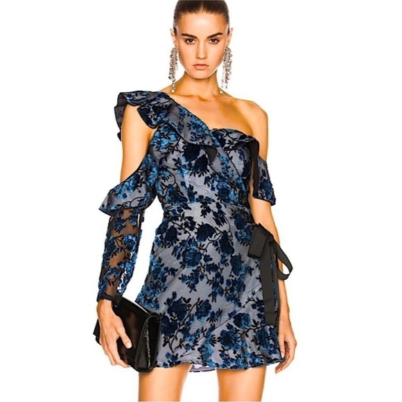 Self-Portrait Eyelet Wrap Mini Dress Velvet Devore Blue Size 0 - Picture 1 of 16